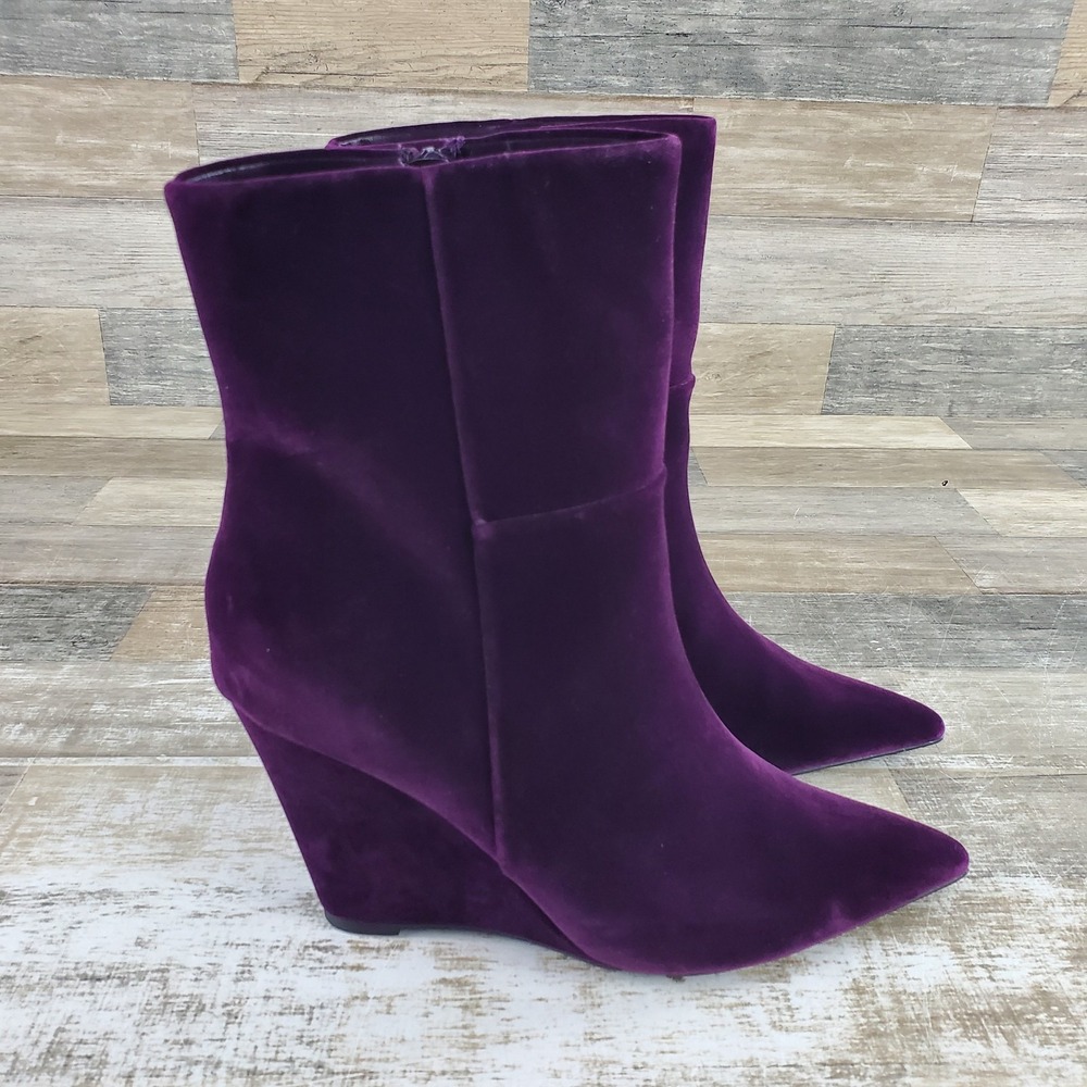 The Drop Gina Dark Purple Velvet Wedge Booties Womens Sz 10 Mid Shaft Boot